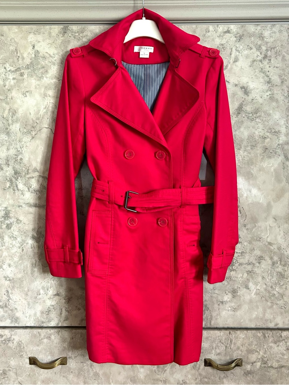 KENAR Women's Red Belted Double-Breasted Trench Coat